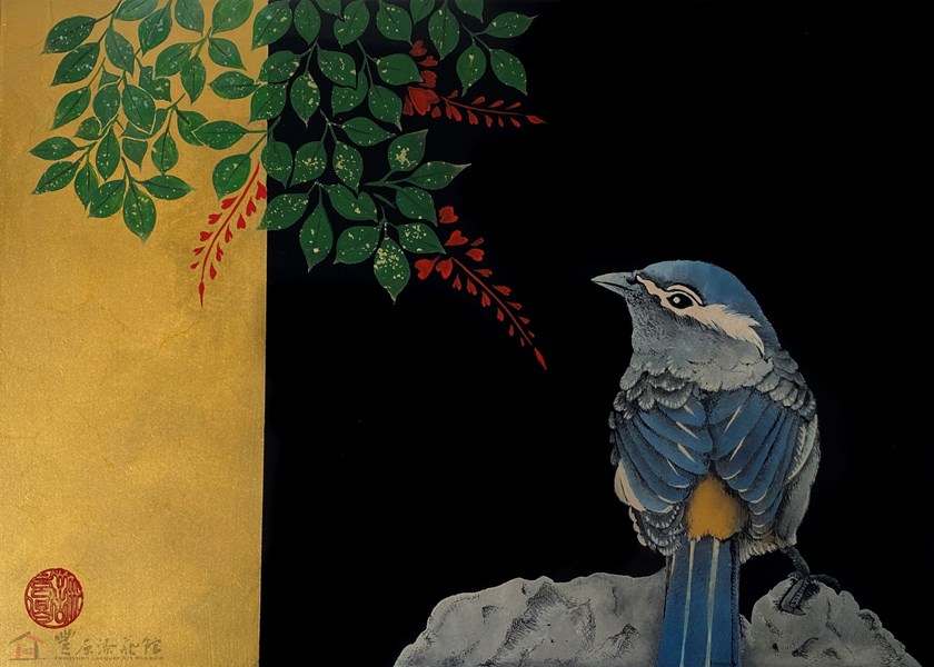 許玄昌 白耳畫眉 21X30cm 天然漆 蒔繪 暈金