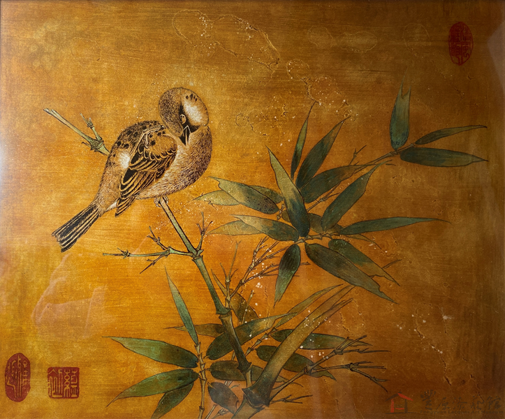 許玄昌 竹雀圖 30X40cm 天然漆 暈金