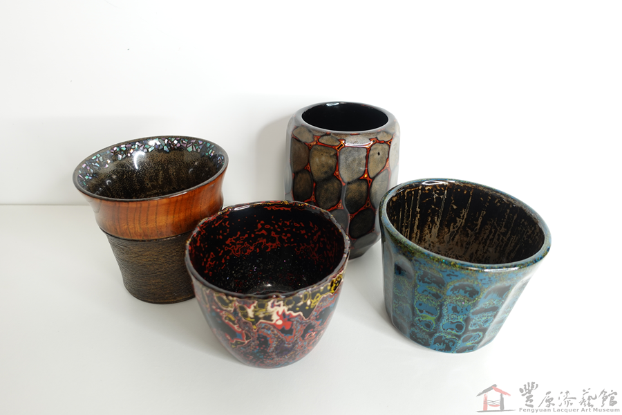 廖家慶 漆杯四款 9X9X9cm 8X8X11cm 9X9X8cm 9X9X7cm 木胎 天然漆 貝殼 京都蛋白石 銀丸粉 金箔 麻線