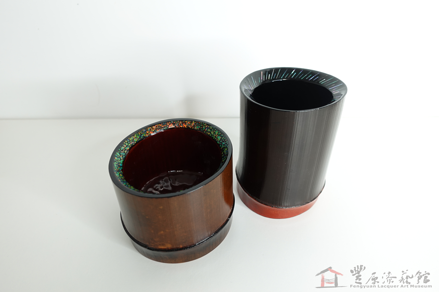 廖家慶 螺鈿竹杯二款 9.5X9X7cm  7.5X8X10cm 竹胎  天然漆 貝殼 京都蛋白石 金梨子地粉