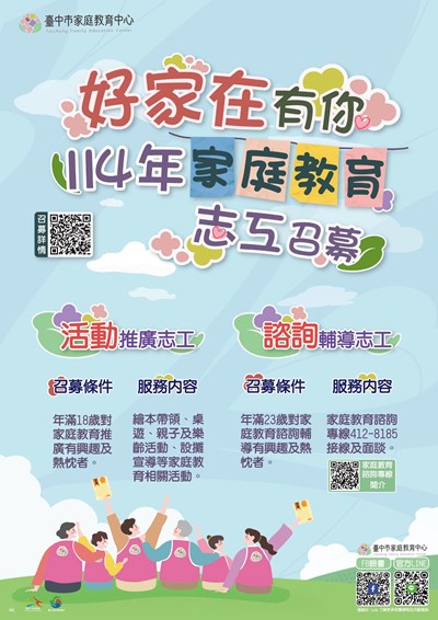 臺中市家庭教育中心114年度志工召募海報