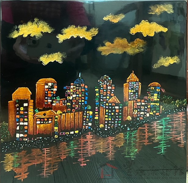 陳嬿卉 高雄愛河夜景 30X22 木胎 天然漆 金粉