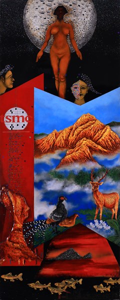 天佑臺灣-王清源漆畫-天然漆 金箔 蛋殼 貝殼 彩色箔 白金粉 銀箔 碳粉.2025年